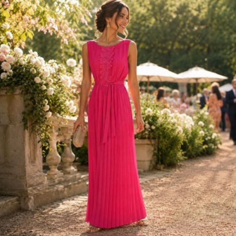 Darling Hot Pink Pleated Maxi Dress Lace Bridesmaid Wedding Guest Sz S NWT